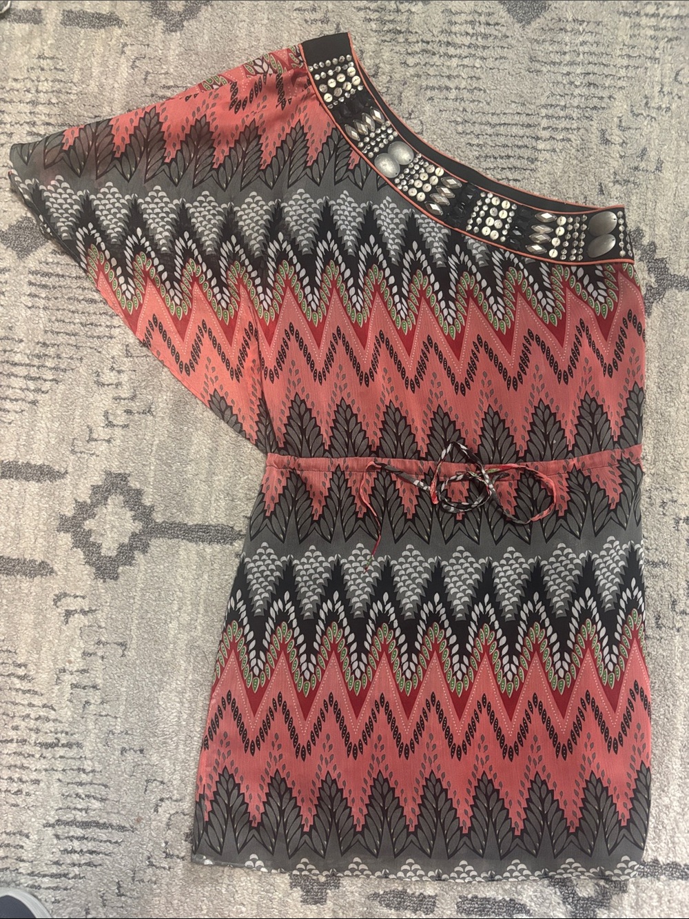 Ark & Co One-Shoulder Coral and Gray Patterned Dress with Embellished Neckline
